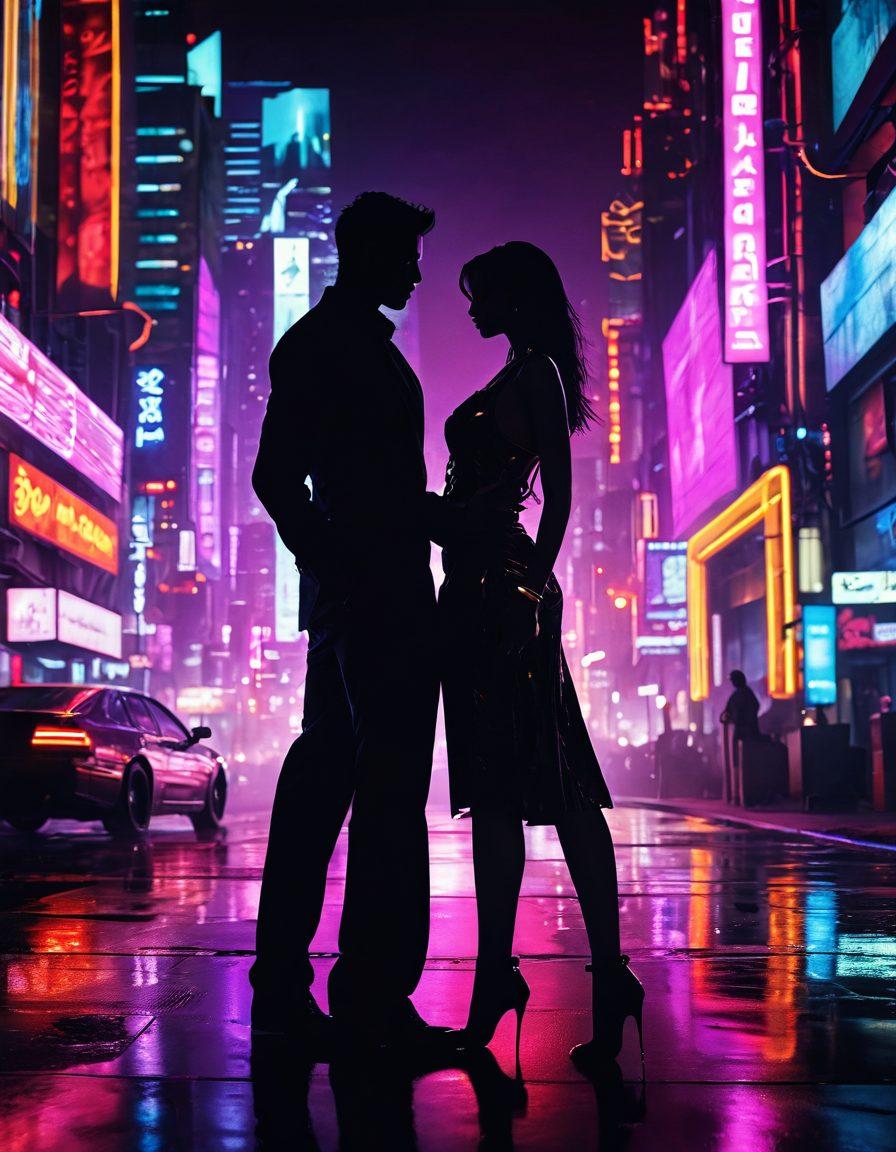 A captivating silhouette of a couple intertwined, surrounded by neon lights and abstract shapes symbolizing the duality of romance and adult entertainment. The background features soft, blurred images of a glamorous cityscape, setting a mood of allure and sophistication. The color palette includes deep reds, purples, and shimmering golds to evoke passion. ultra-realistic. vibrant colors. cyberpunk.