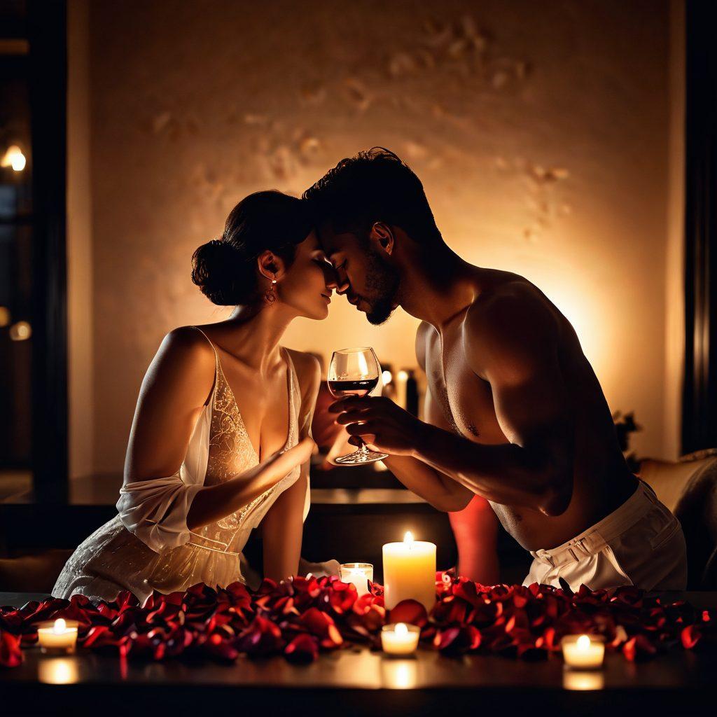 A sensual, dimly lit setting featuring a couple sharing an intimate moment, with soft candlelight illuminating their faces. The scene captures playful flirtation with subtle body language and glances, incorporating elements like a wine glass, luxurious fabrics, and rose petals scattered on a table. Create an atmosphere of warmth and desire, evoking a sense of passionate connection. soft focus. romantic lighting. vibrant colors.
