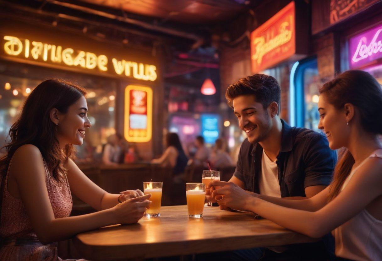 A dynamic scene depicting a lively bar atmosphere, where diverse groups of young adults engage in playfully flirtatious interactions, with smartphones and dating app notifications subtly visible. Include warm, inviting lighting to create a sense of excitement and spontaneity. Showcase a mixture of body language that reflects both confidence and vulnerability, highlighting the nuances of modern hookup culture. Include a background of colorful neon signs to emphasize the nightlife. vibrant colors. super-realistic.